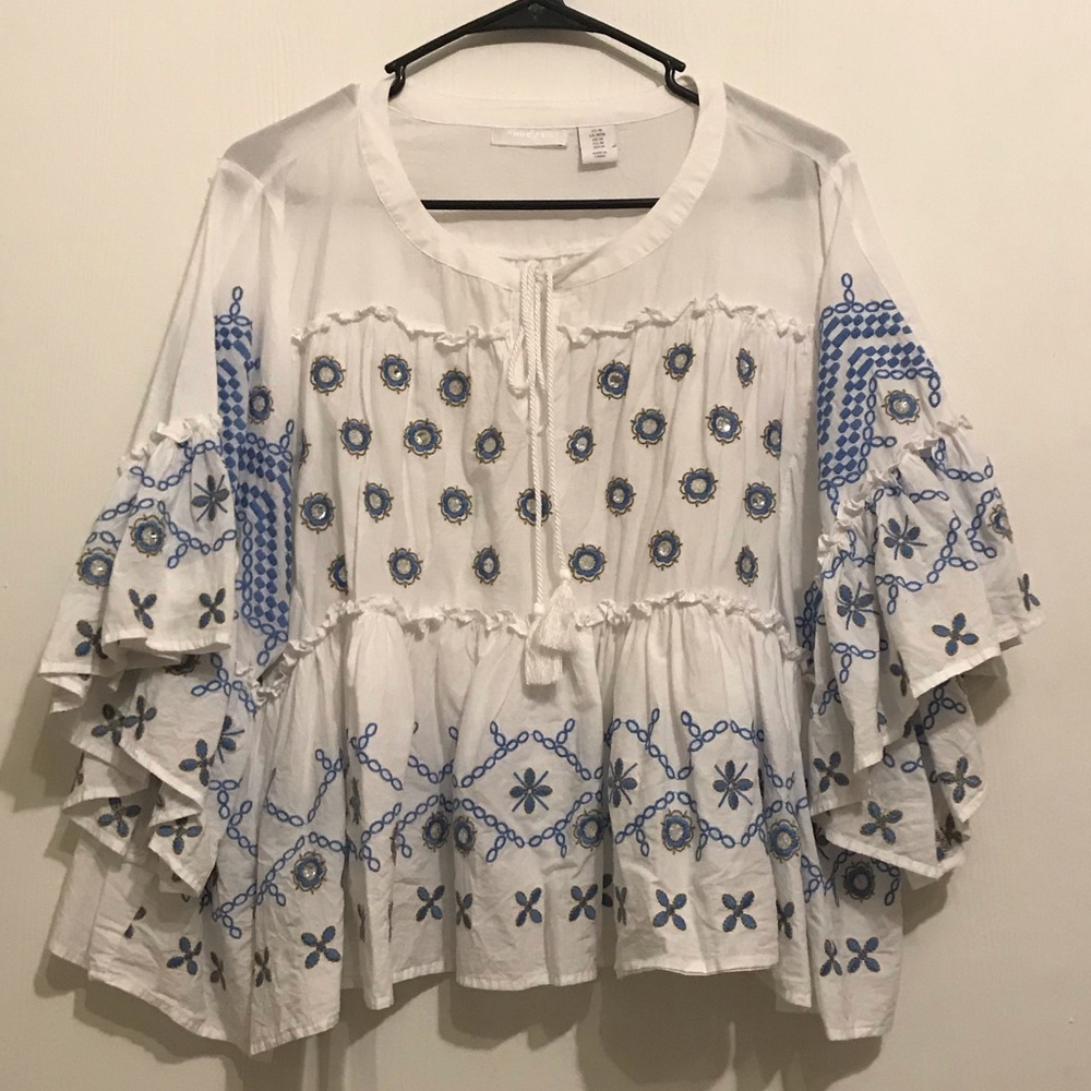 Ruffle Sleeve Embroidered White Blouse